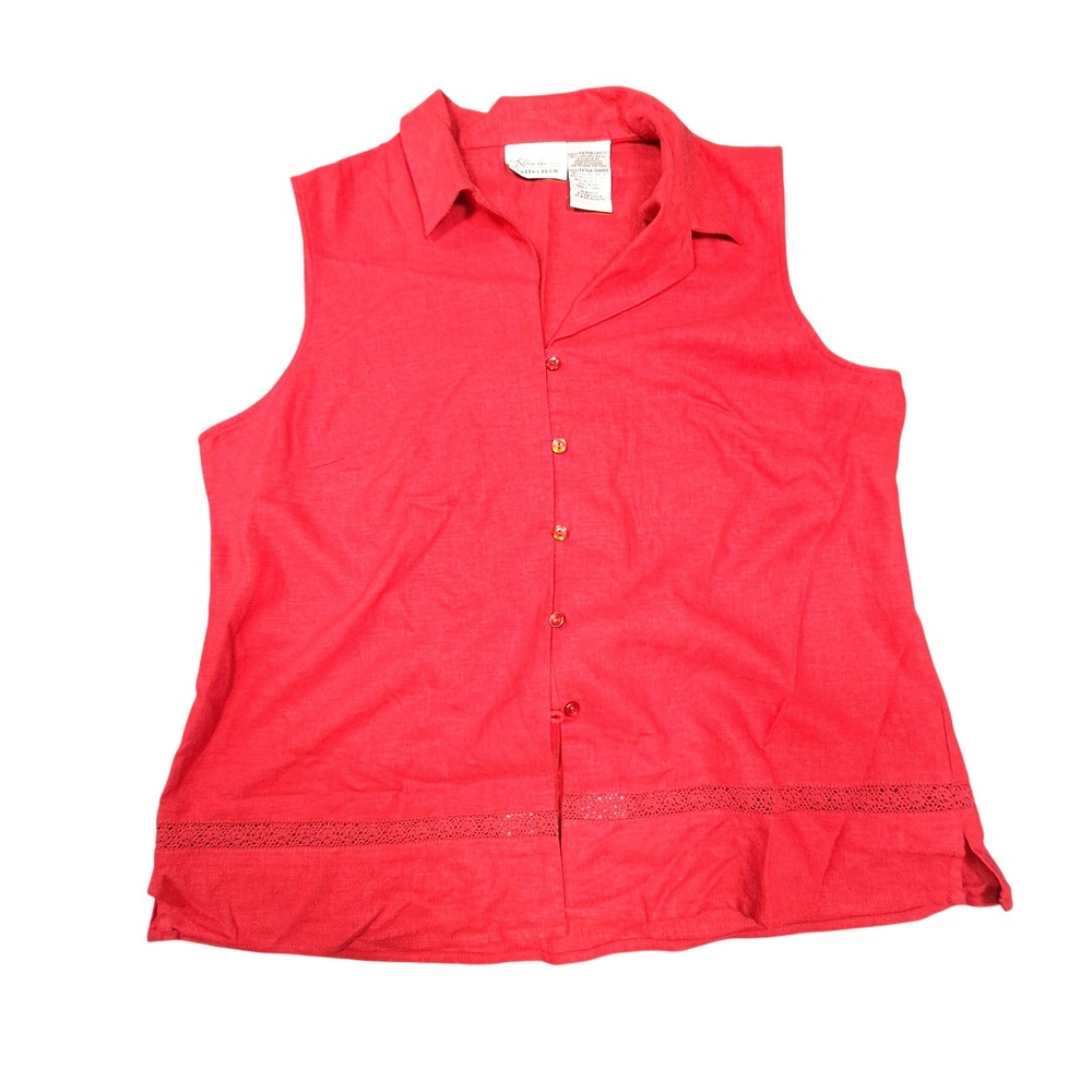 Kathie Lee Collection Red Linen Blend Sleeveless Lace Trim Button Down Top XL